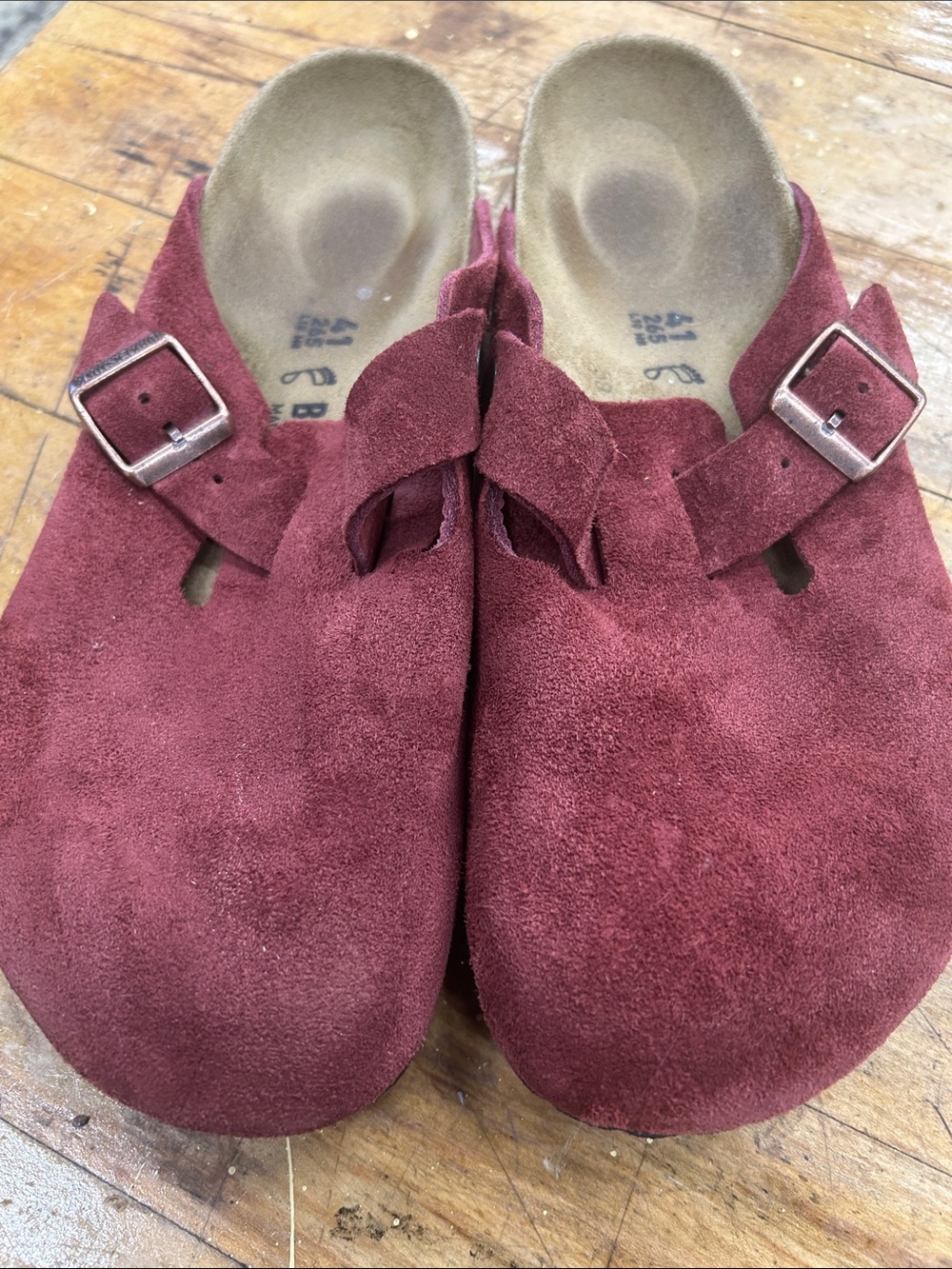 Birkenstock Burgundy Suede Clog Mules with Buckle